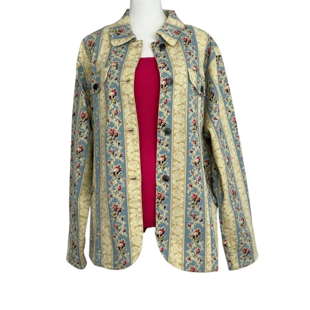 Denim & Co Vintage Striped Floral Denim Jean Jacket (M)